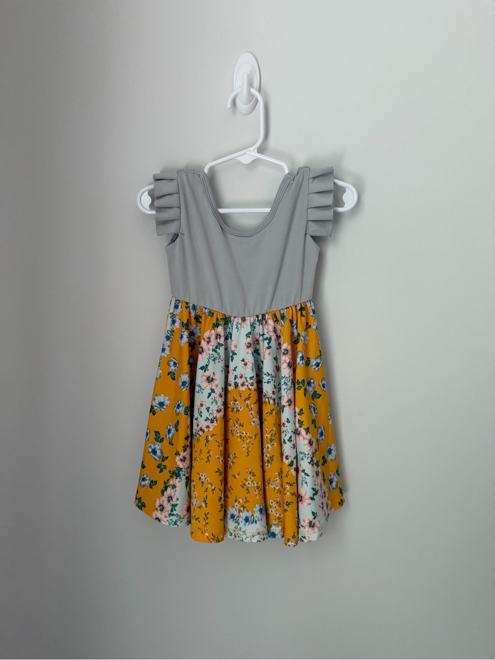 Dot Dot Smile Gray Bodice with Mustard Floral Skirt Dress